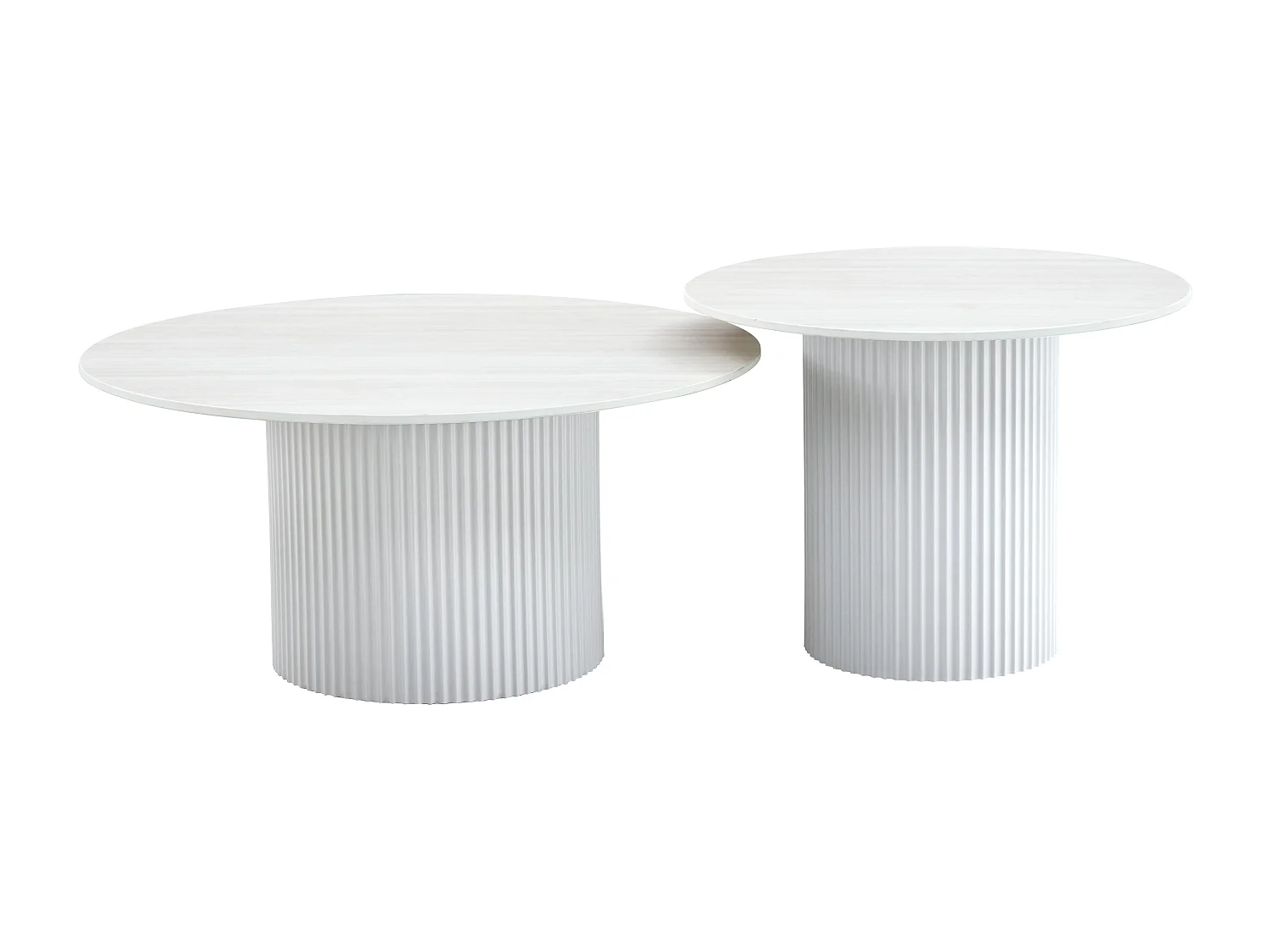 Lot 2 Tables Basses Gigognes MINA Pieds Métal Blanc Plateau Céramique Bois Blanc D80xH38cm + D60xH45cm
