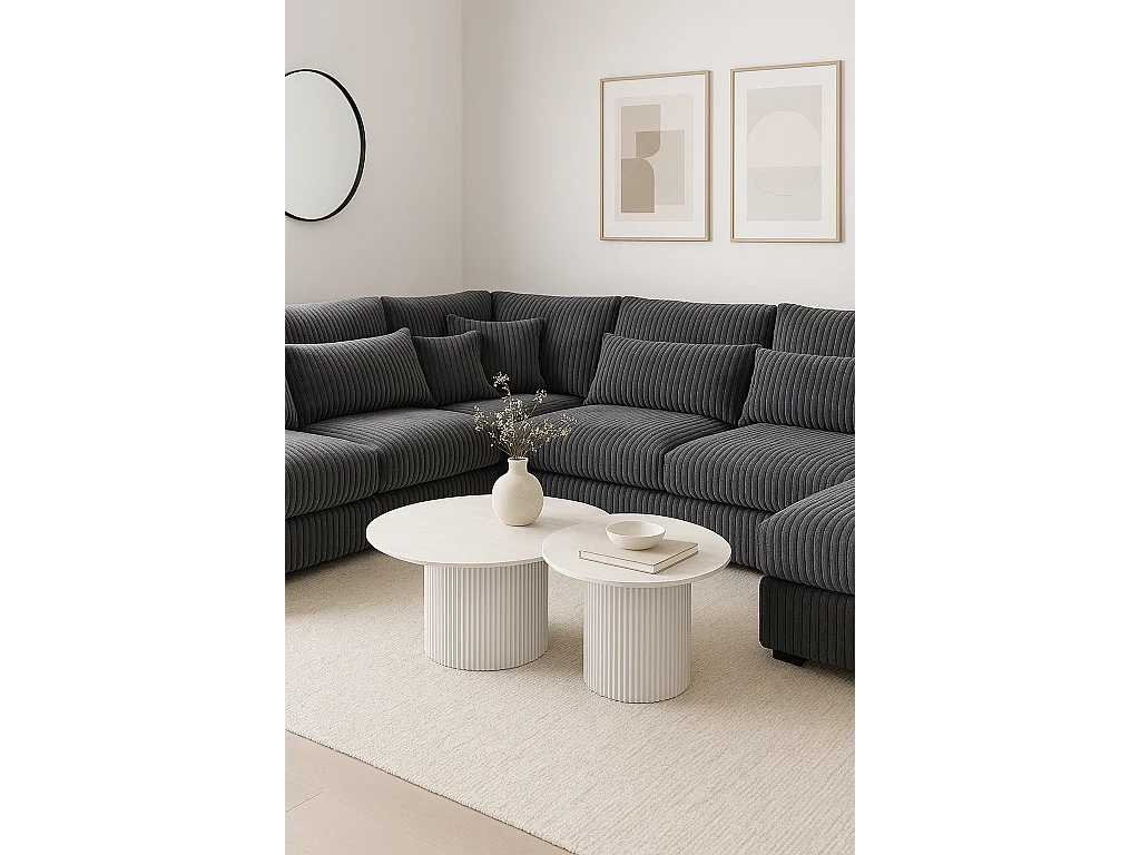 Lot 2 Tables Basses Gigognes MINA Pieds Métal Blanc Plateau Céramique Bois Blanc D80xH38cm + D60xH45cm