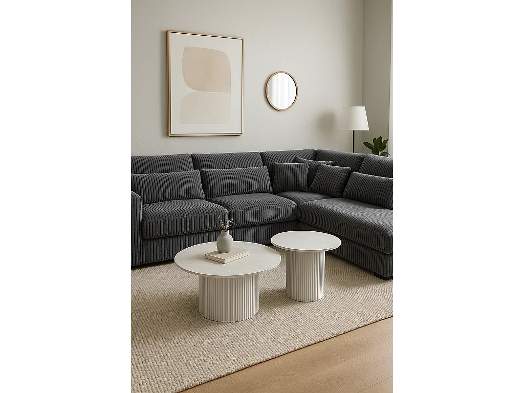 Lot 2 Tables Basses Gigognes MINA Pieds Métal Blanc Plateau Céramique Bois Blanc D80xH38cm + D60xH45cm