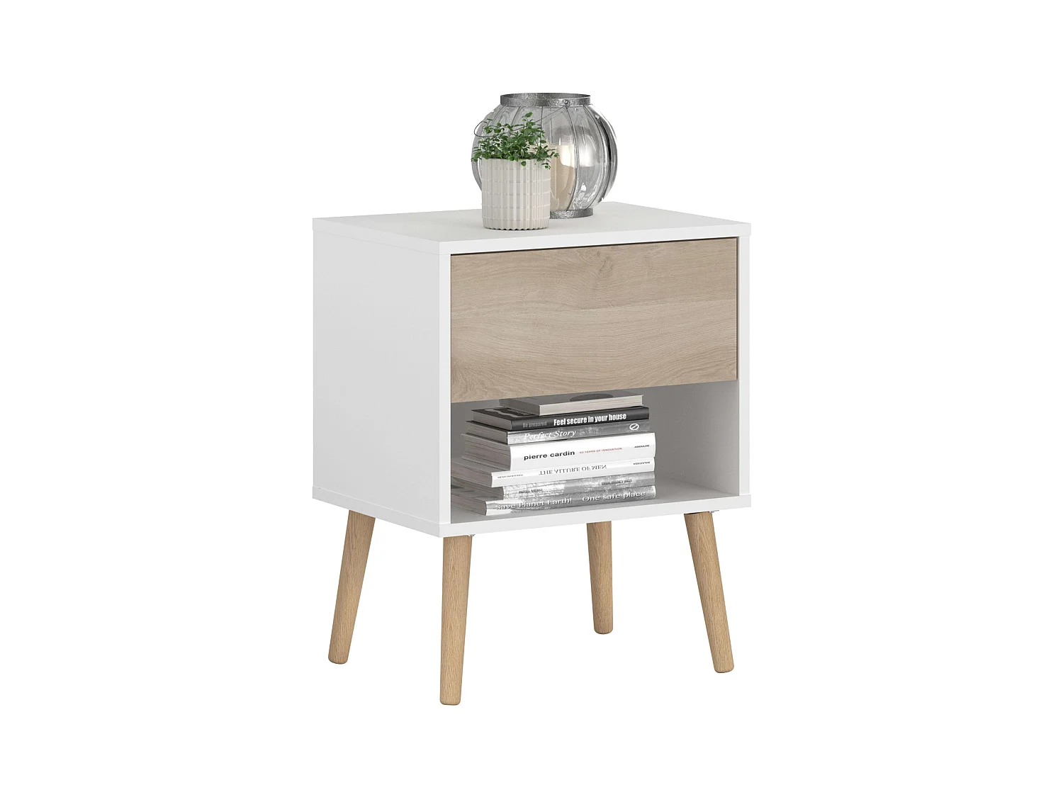 Table de chevet Osaka avec 1 tiroir, chêne japonais/blanc mat, 44x56x33 cm