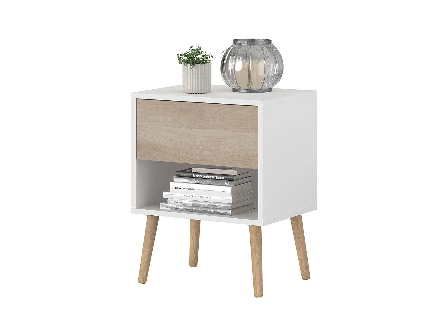 Table de chevet Osaka avec 1 tiroir, chêne japonais/blanc mat, 44x56x33 cm