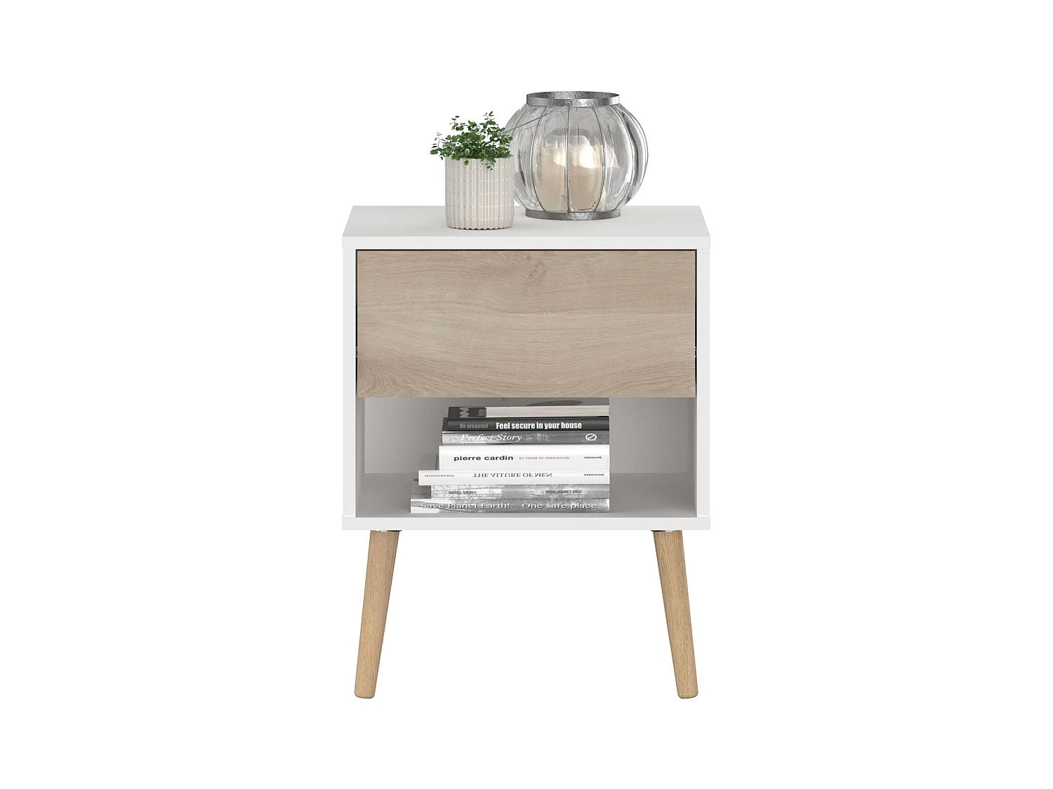 Table de chevet Osaka avec 1 tiroir, chêne japonais/blanc mat, 44x56x33 cm