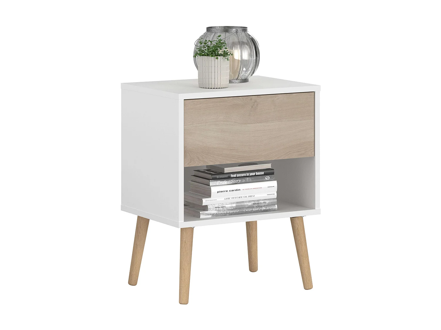 Table de chevet Osaka avec 1 tiroir, chêne japonais/blanc mat, 44x56x33 cm