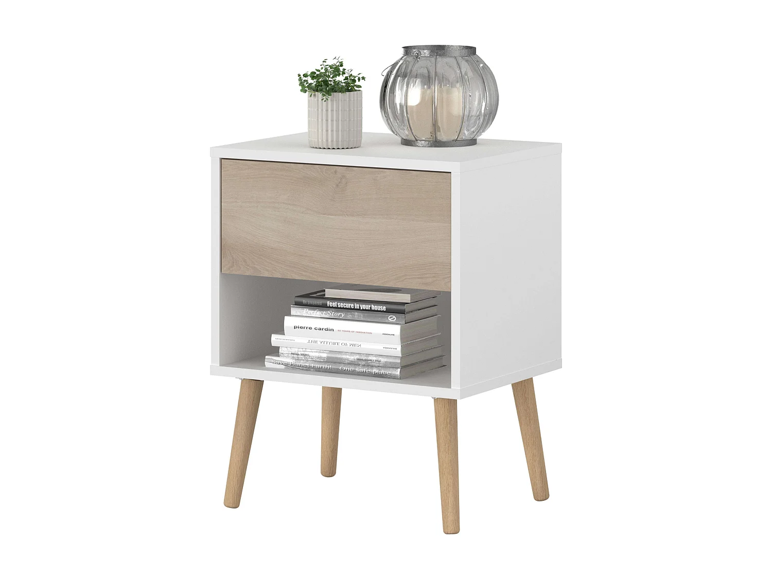 Table de chevet Osaka avec 1 tiroir, chêne japonais/blanc mat, 44x56x33 cm