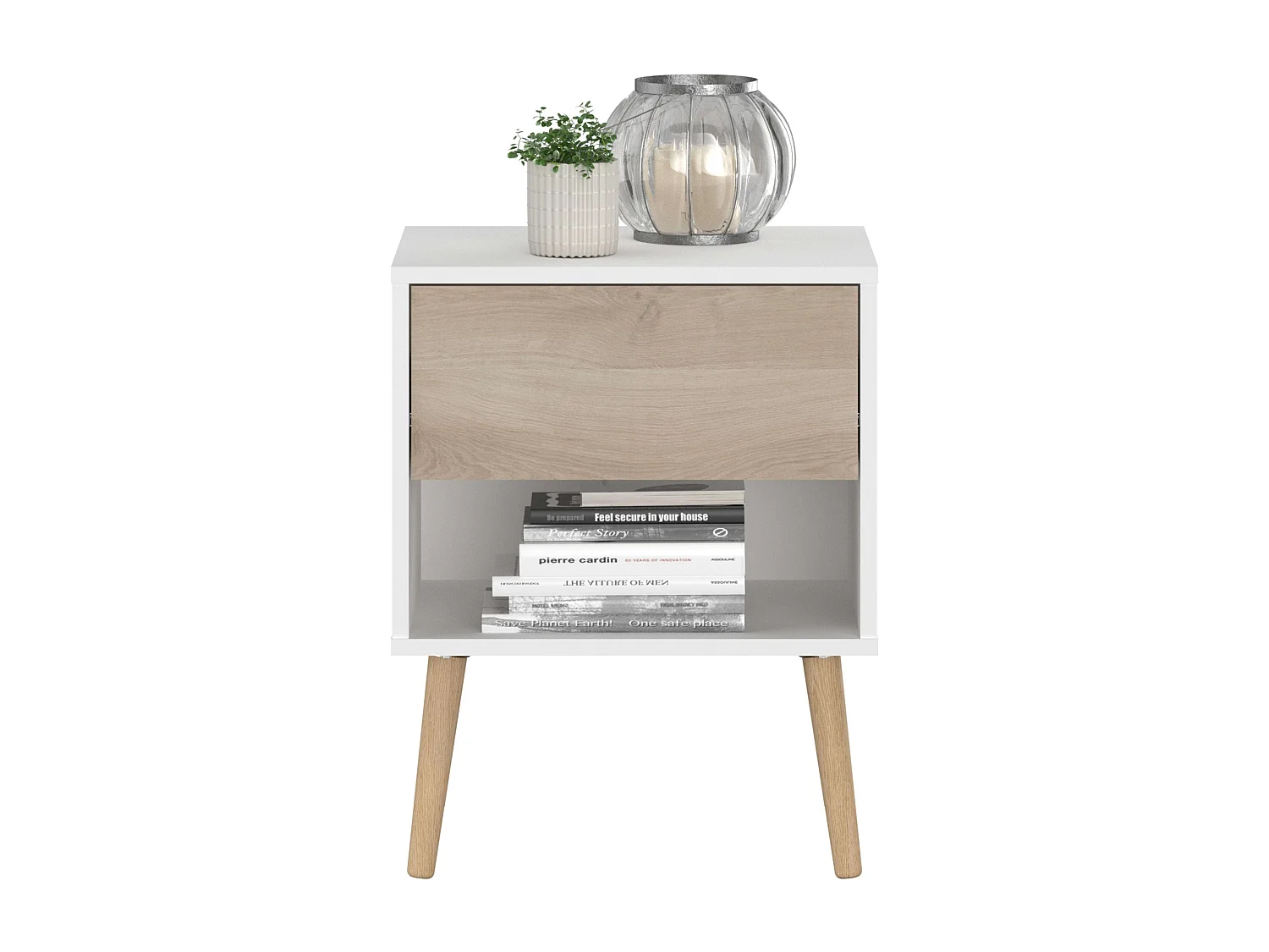 Table de chevet Osaka avec 1 tiroir, chêne japonais/blanc mat, 44x56x33 cm