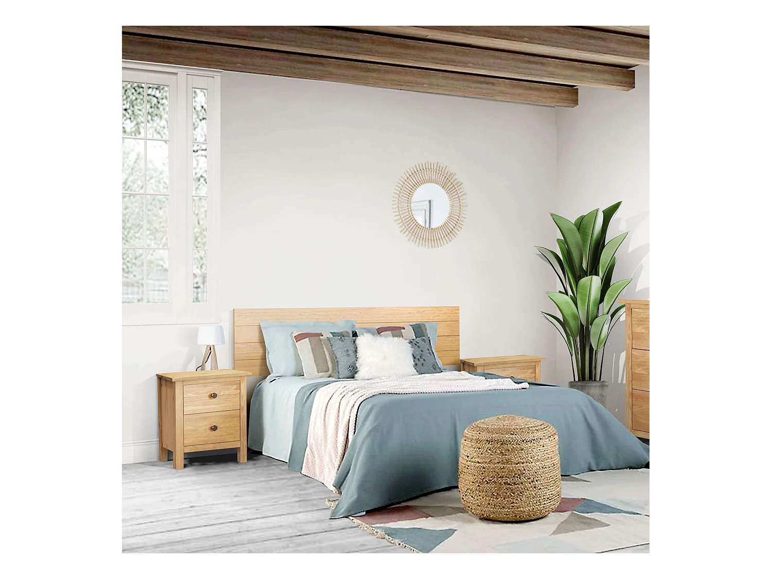 Table de chevet Samy 2 tiroirs style nordique couleur miel 48x60 cm