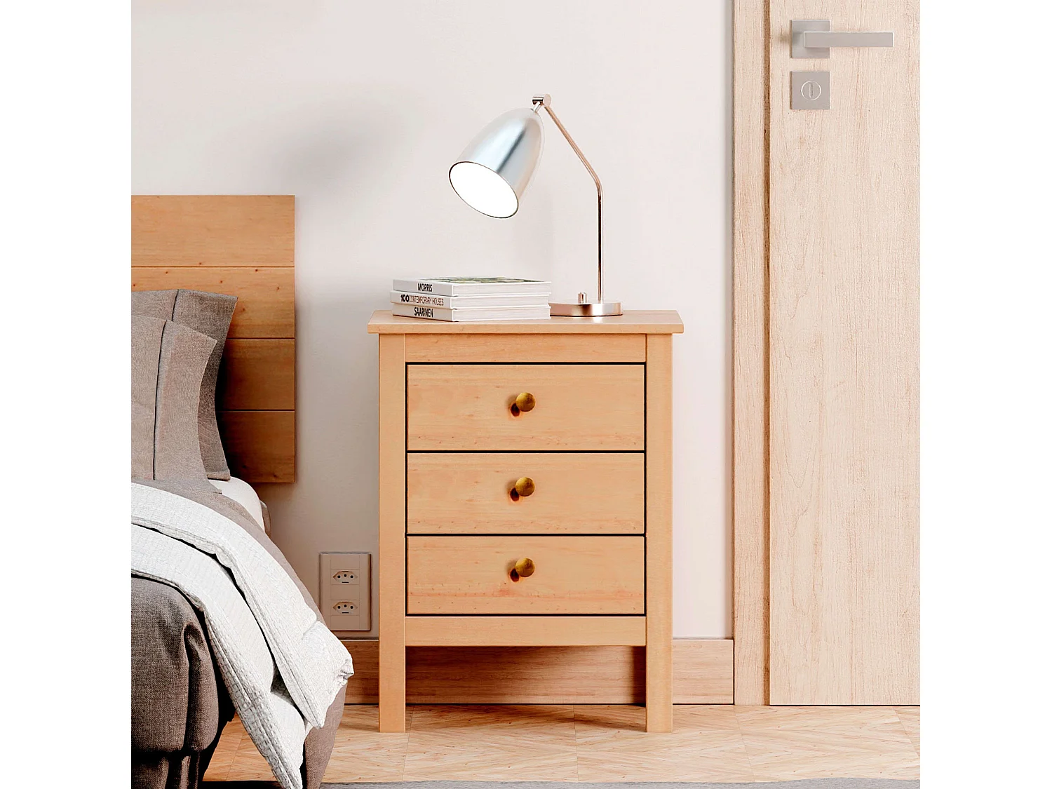 Mesita Noche Maya 3 Cajones Dormitorio Natural Roble Miel 48x60x36 cm