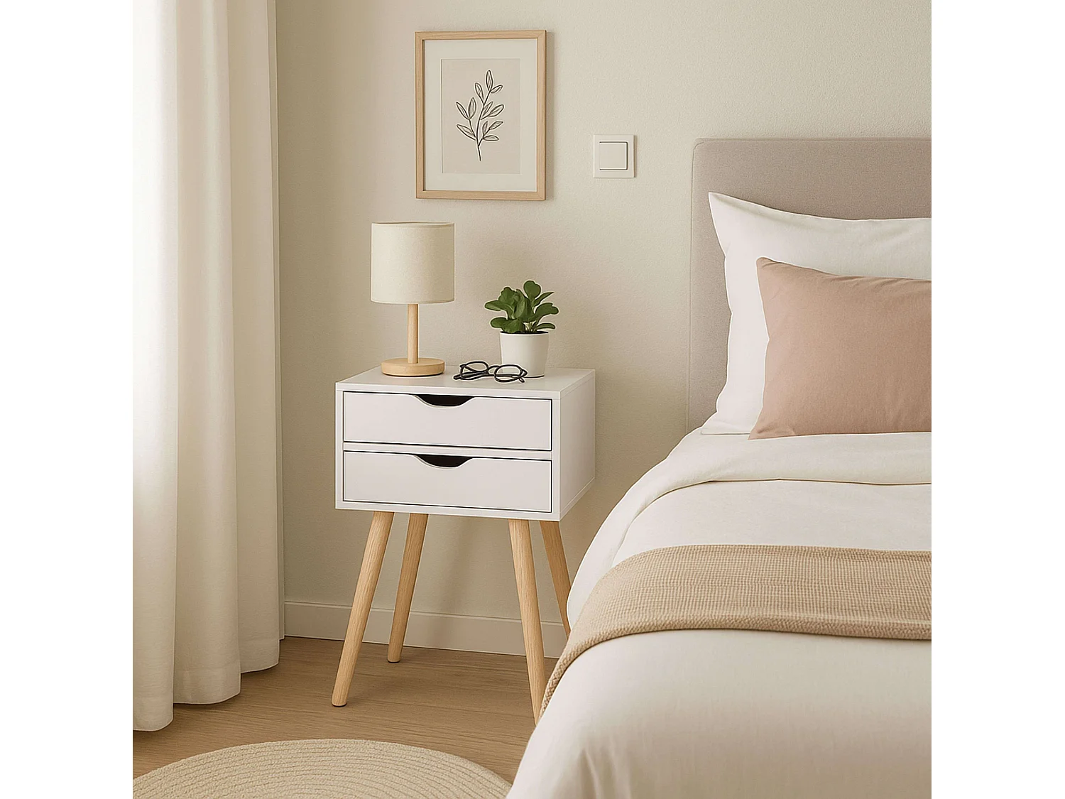 Table de chevet haute blanche avec 2 tiroirs, Fiano Nordic, 60x40x30 cm
