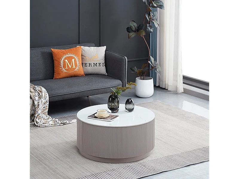 Table Basse BARI – Bois Gris & Marbre Blanc – 80x45 cm avec Tiroir