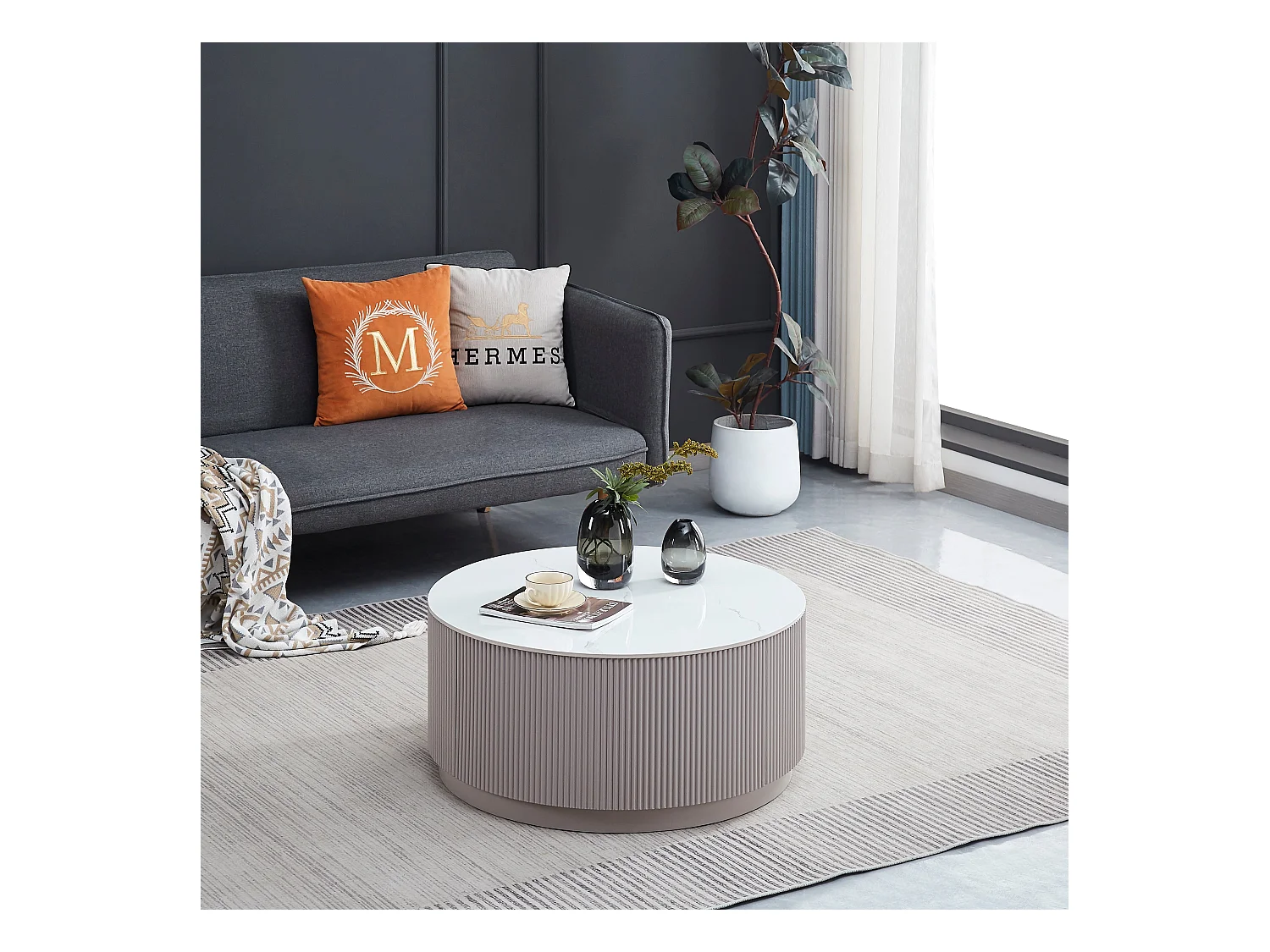 Table Basse BARI – Bois Gris & Marbre Blanc – 80x45 cm avec Tiroir