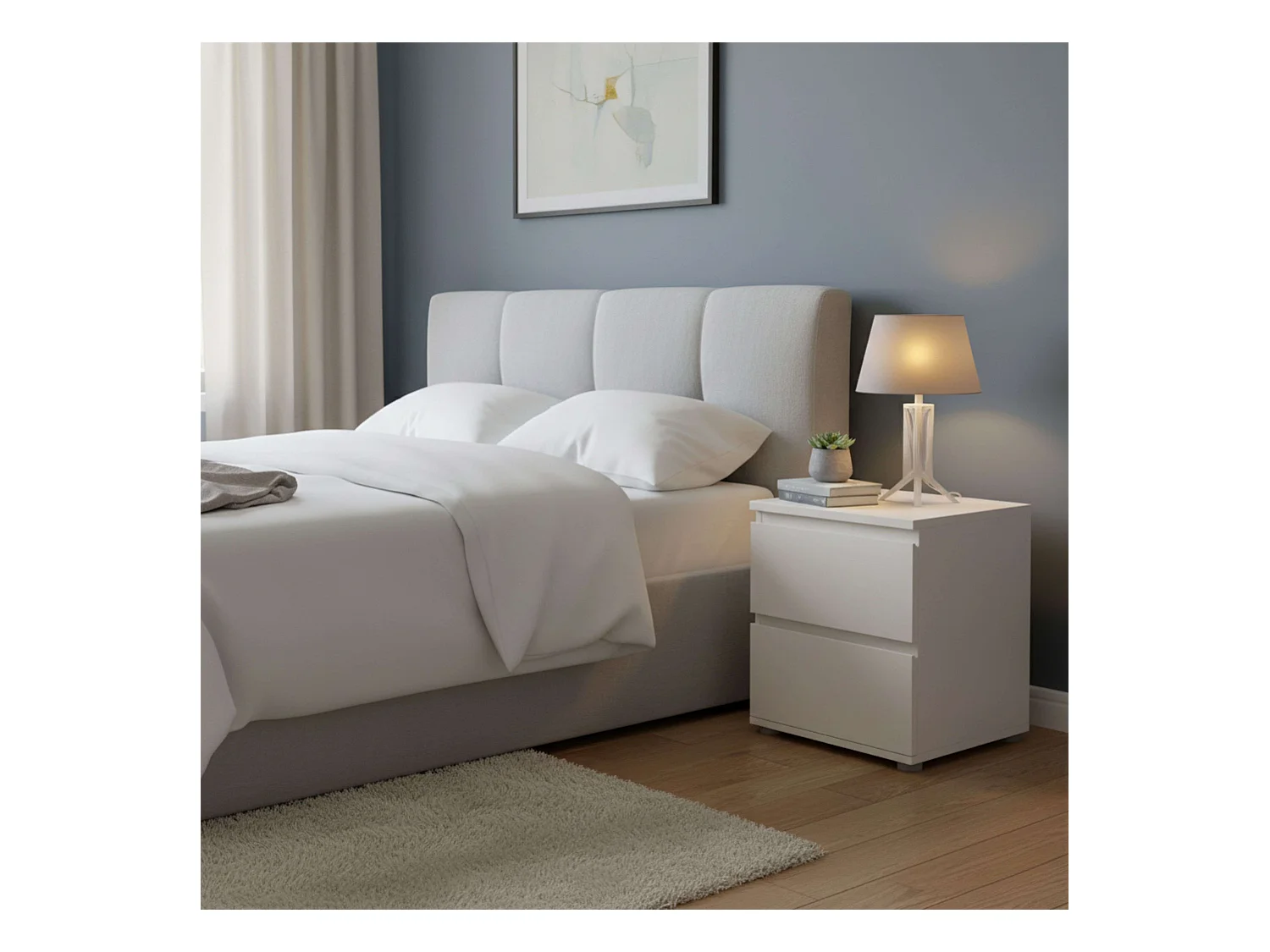 Table de chevet Sven avec 2 tiroirs, mélaminé blanc, 48x40x33 cm, chambre