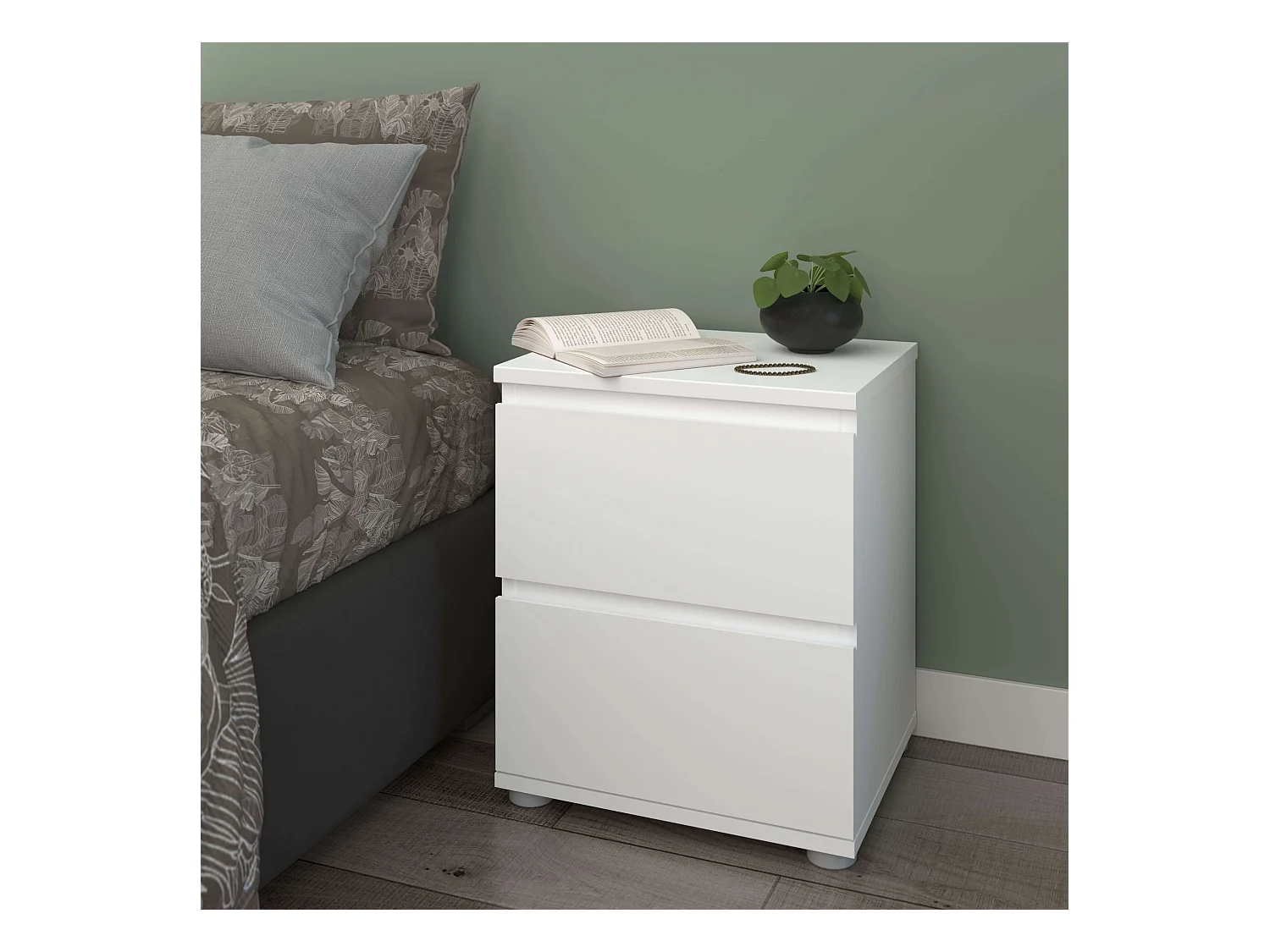 Table de chevet Sven avec 2 tiroirs, mélaminé blanc, 48x40x33 cm, chambre