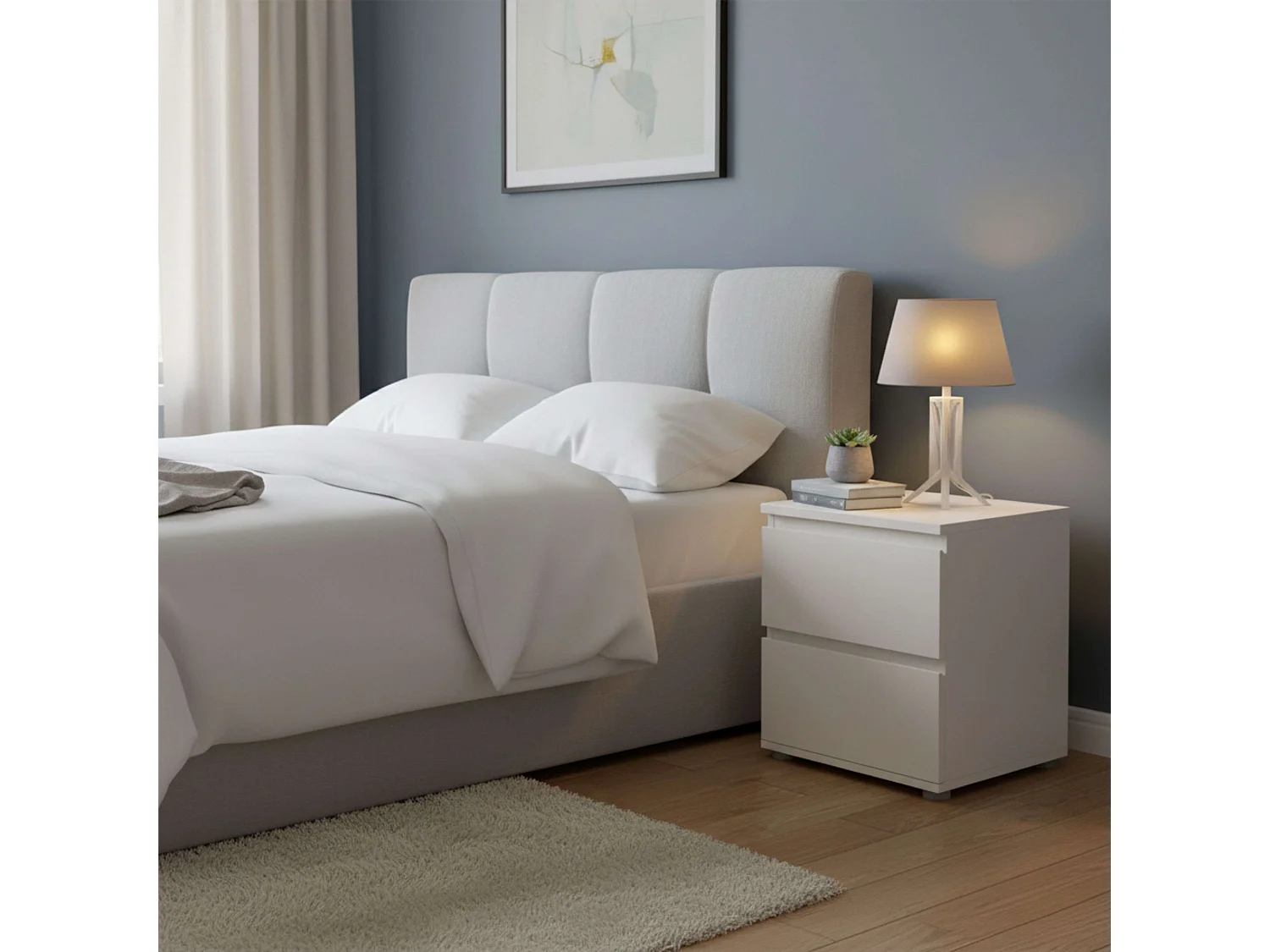 Table de chevet Sven avec 2 tiroirs, mélaminé blanc, 48x40x33 cm, chambre