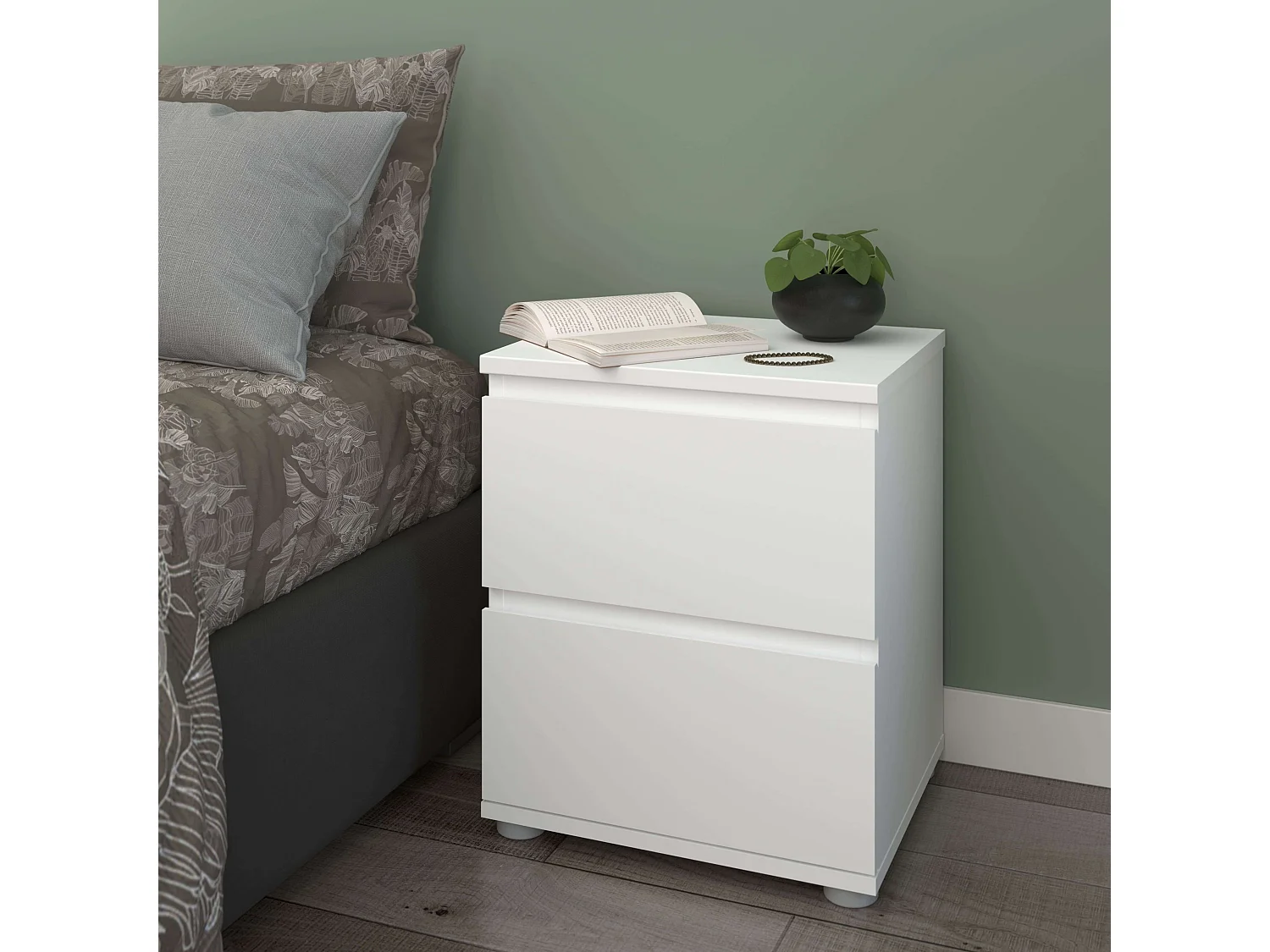 Table de chevet Sven avec 2 tiroirs, mélaminé blanc, 48x40x33 cm, chambre