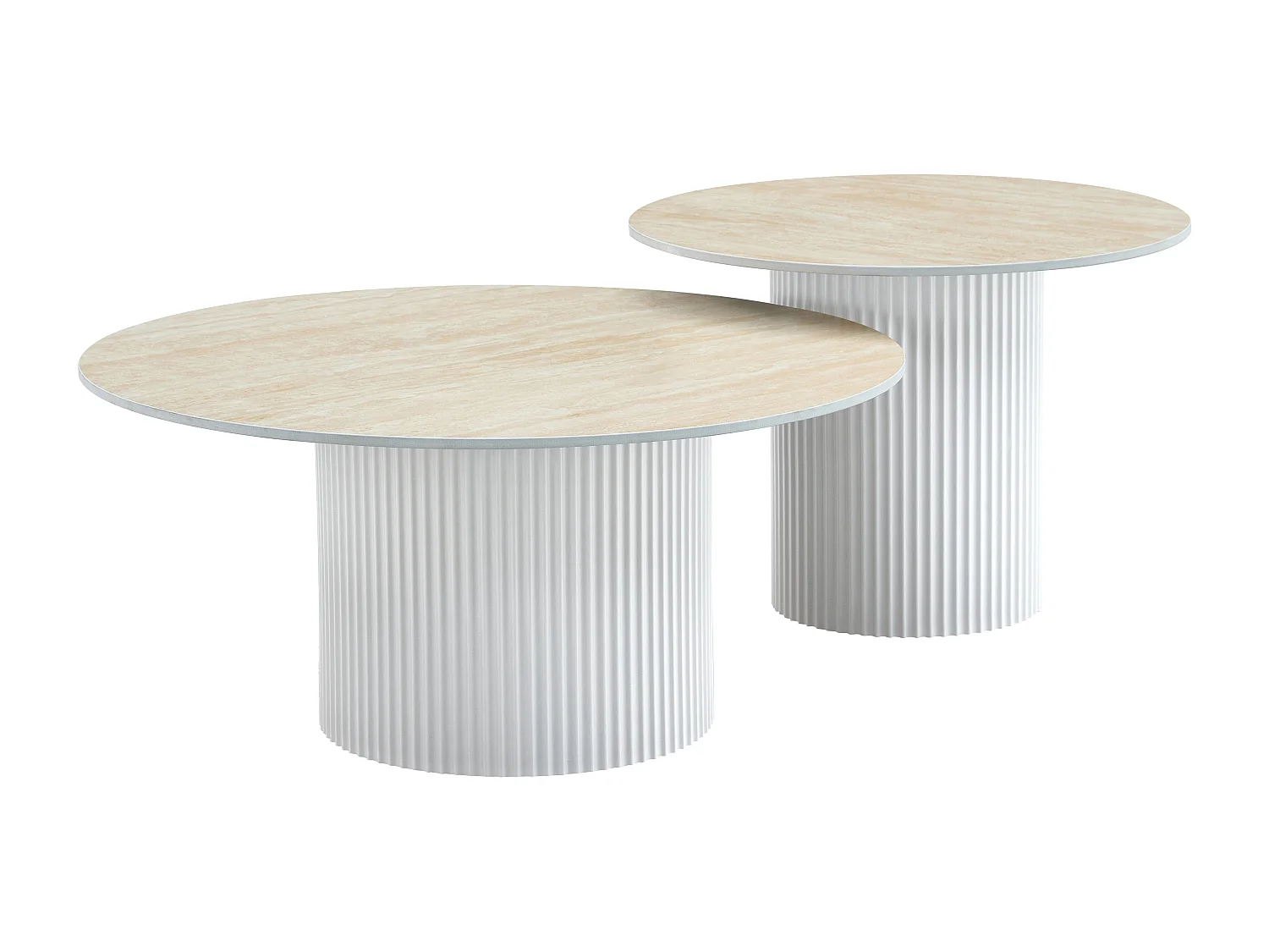 Lot 2 Tables Basses Gigognes MINA Pieds Métal Blanc Plateau Céramique Travertin D80xH38cm/D60xH45cm