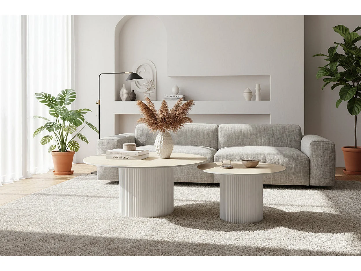 Lot 2 Tables Basses Gigognes MINA Pieds Métal Blanc Plateau Céramique Travertin D80xH38cm/D60xH45cm
