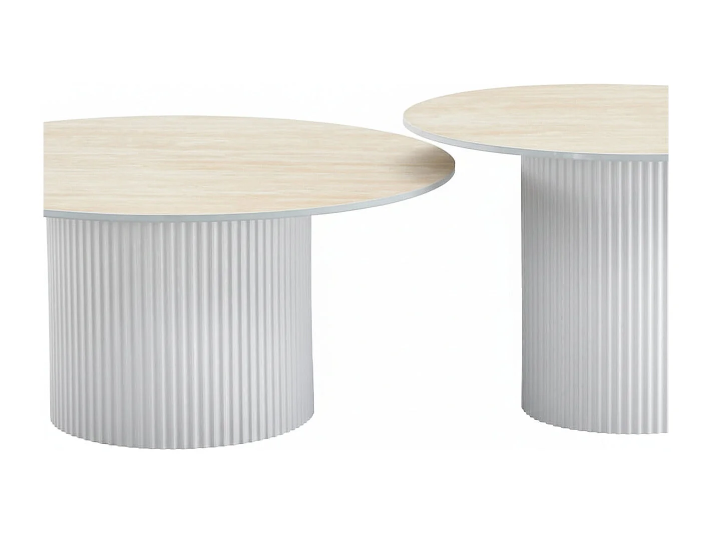 Lot 2 Tables Basses Gigognes MINA Pieds Métal Blanc Plateau Céramique Travertin D80xH38cm/D60xH45cm
