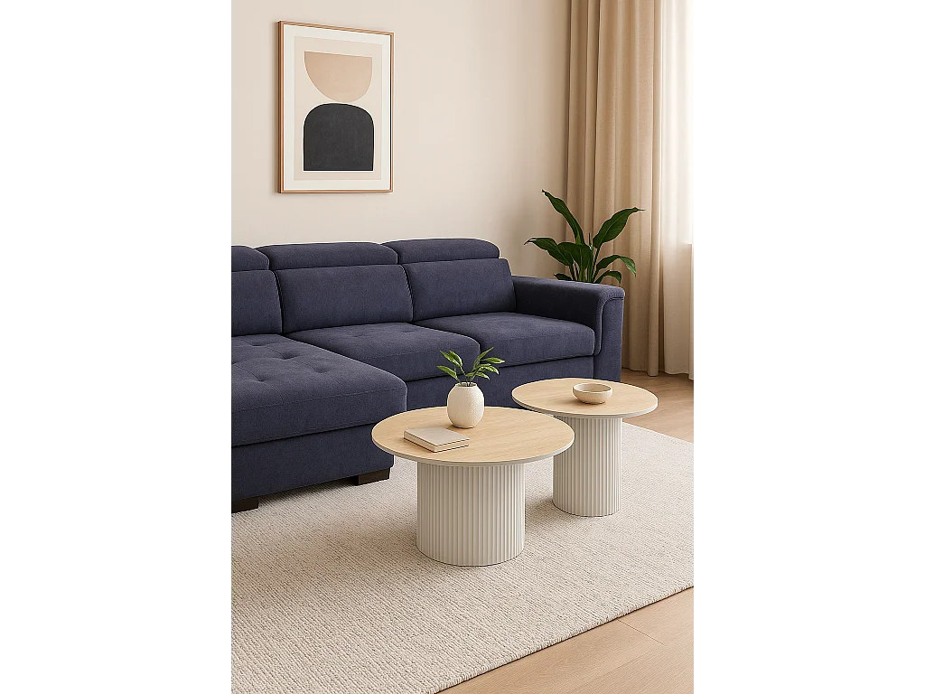 Lot 2 Tables Basses Gigognes MINA Pieds Métal Blanc Plateau Céramique Travertin D80xH38cm/D60xH45cm