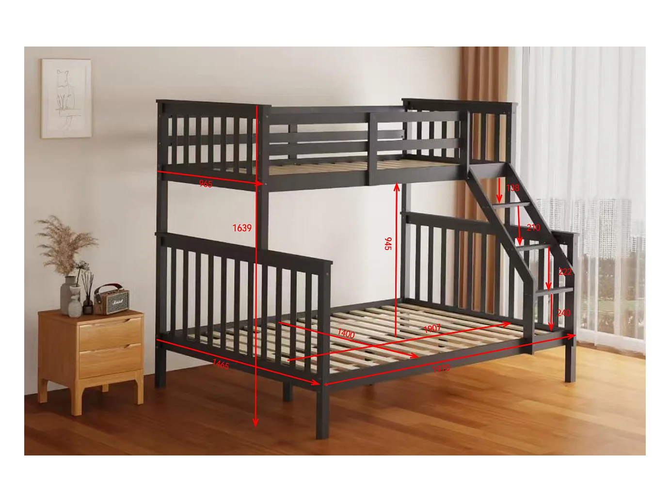 Lit superposé 2+1 BATNA gris 140x190 + 90x190 cm