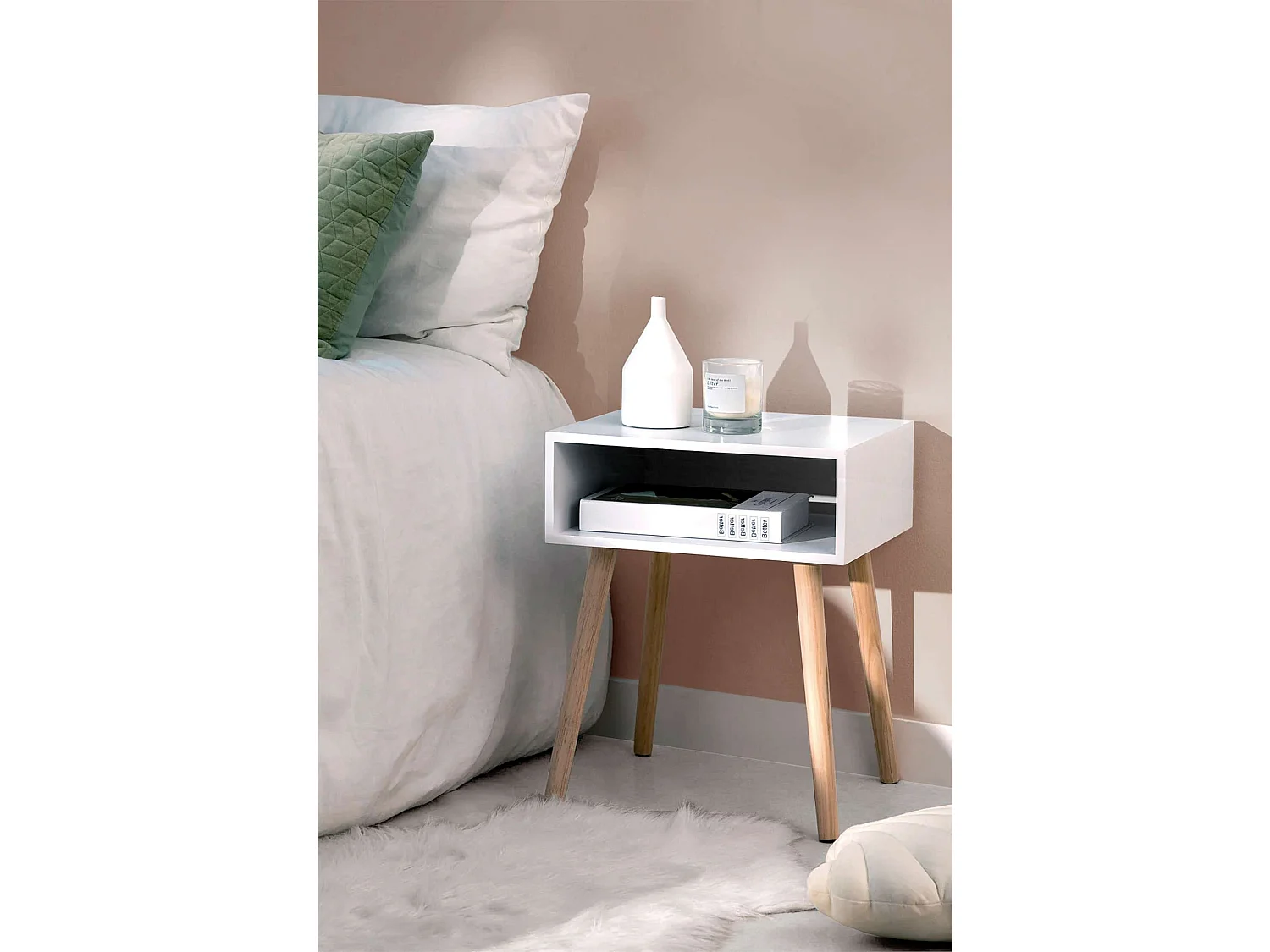 Mesita Noche Moderna Yao Blanco y Haya Dormitorio 43x50x35 cm