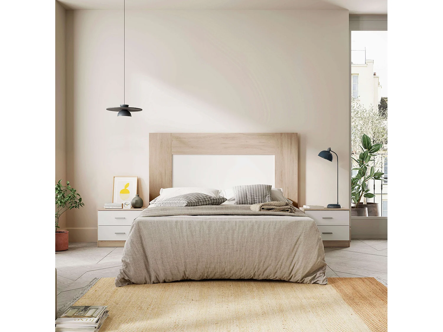 Table de chevet couple avec 2 tiroirs, chambre blanche et sahara 50x42x33 cm
