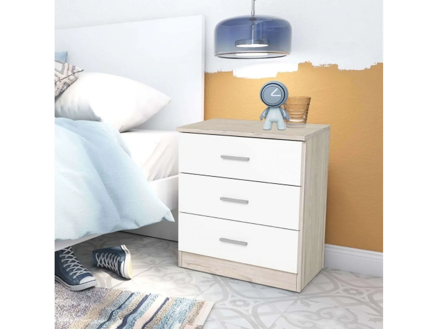 Mesita de noche Couple 3 cajones Sahara Blanco mate, Contemporáneo 50x58x33 cm