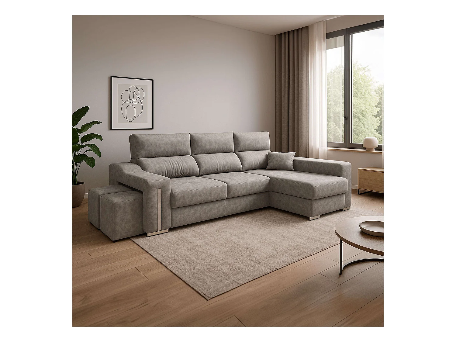 Sofá chaise longue der. Oscar gris con puffs 263x100x85 cm