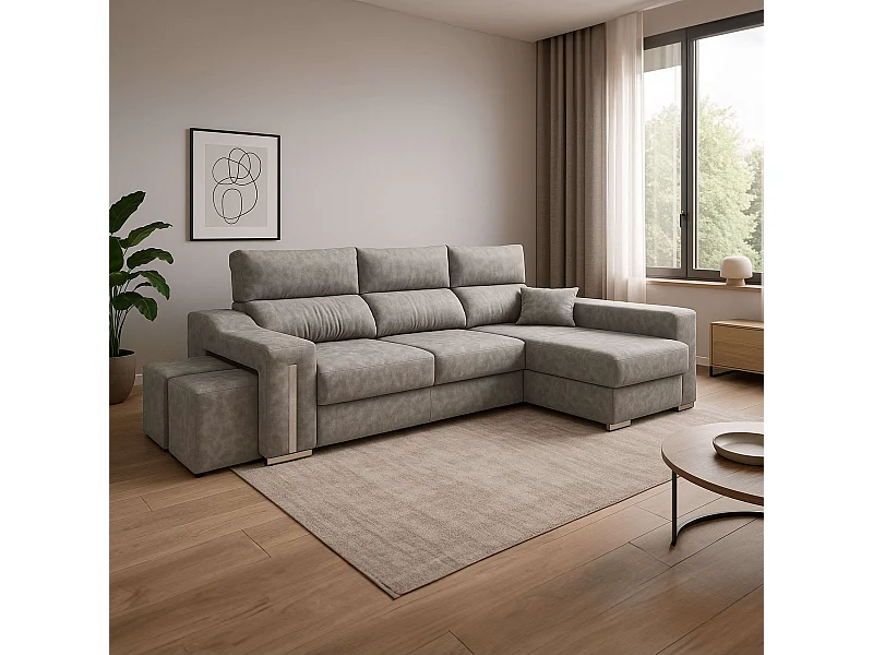 Sofá chaise longue der. Oscar gris con puffs 263x100x85 cm