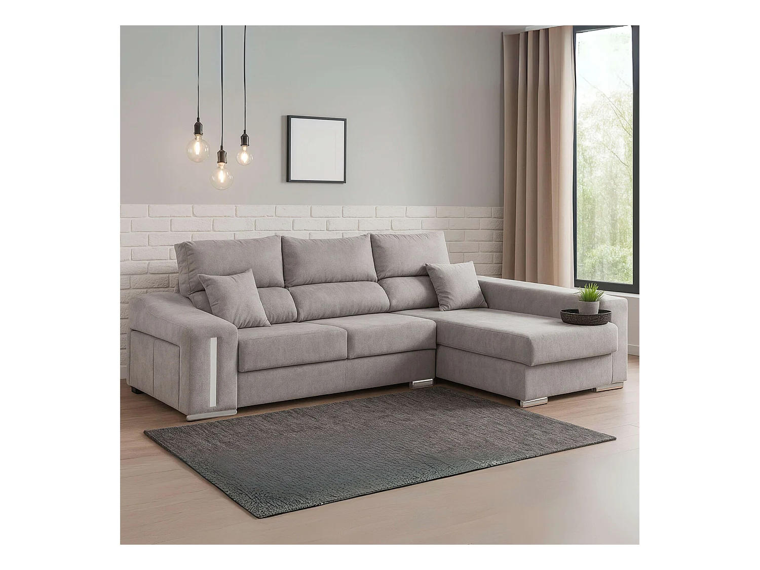 Sofá chaise longue Oscar derecha con arcón y puffs gris 263x100x85 cm