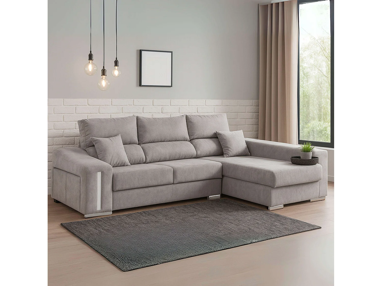 Sofá chaise longue Oscar derecha con arcón y puffs gris 263x100x85 cm