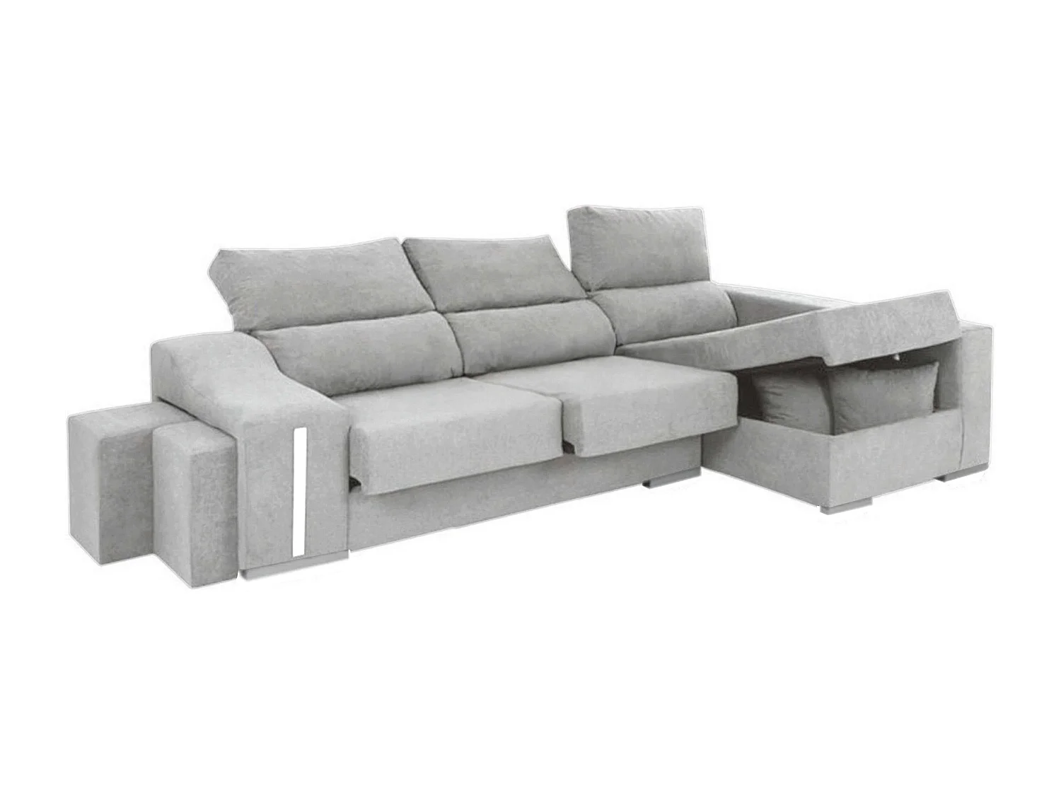 Sofá chaise longue Oscar derecha con arcón y puffs gris 263x100x85 cm