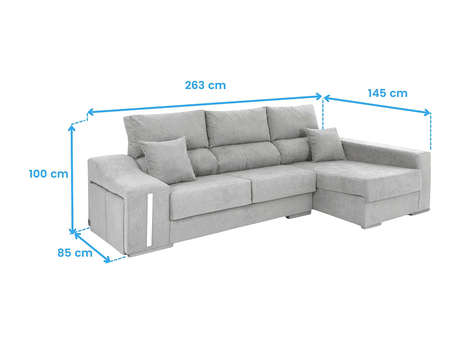 Sofá chaise longue Oscar derecha con arcón y puffs gris 263x100x85 cm