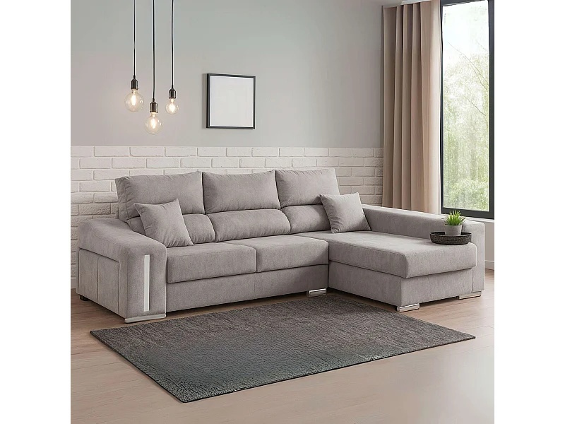 Sofá chaise longue Oscar derecha con arcón y puffs gris 263x100x85 cm