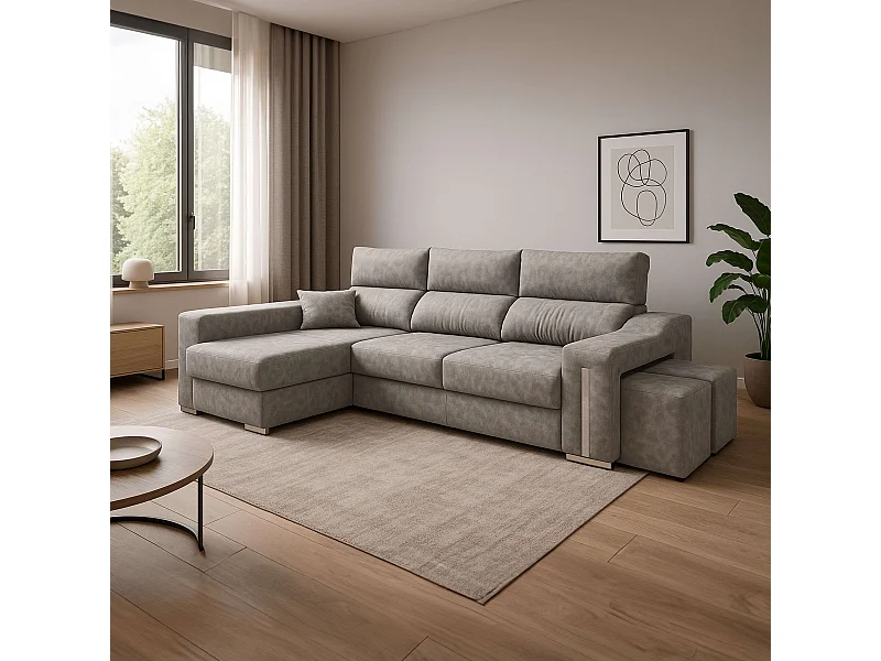 Sofá Oscar chaise longue izq. gris 263x100x85 cm con puffs y arcón
