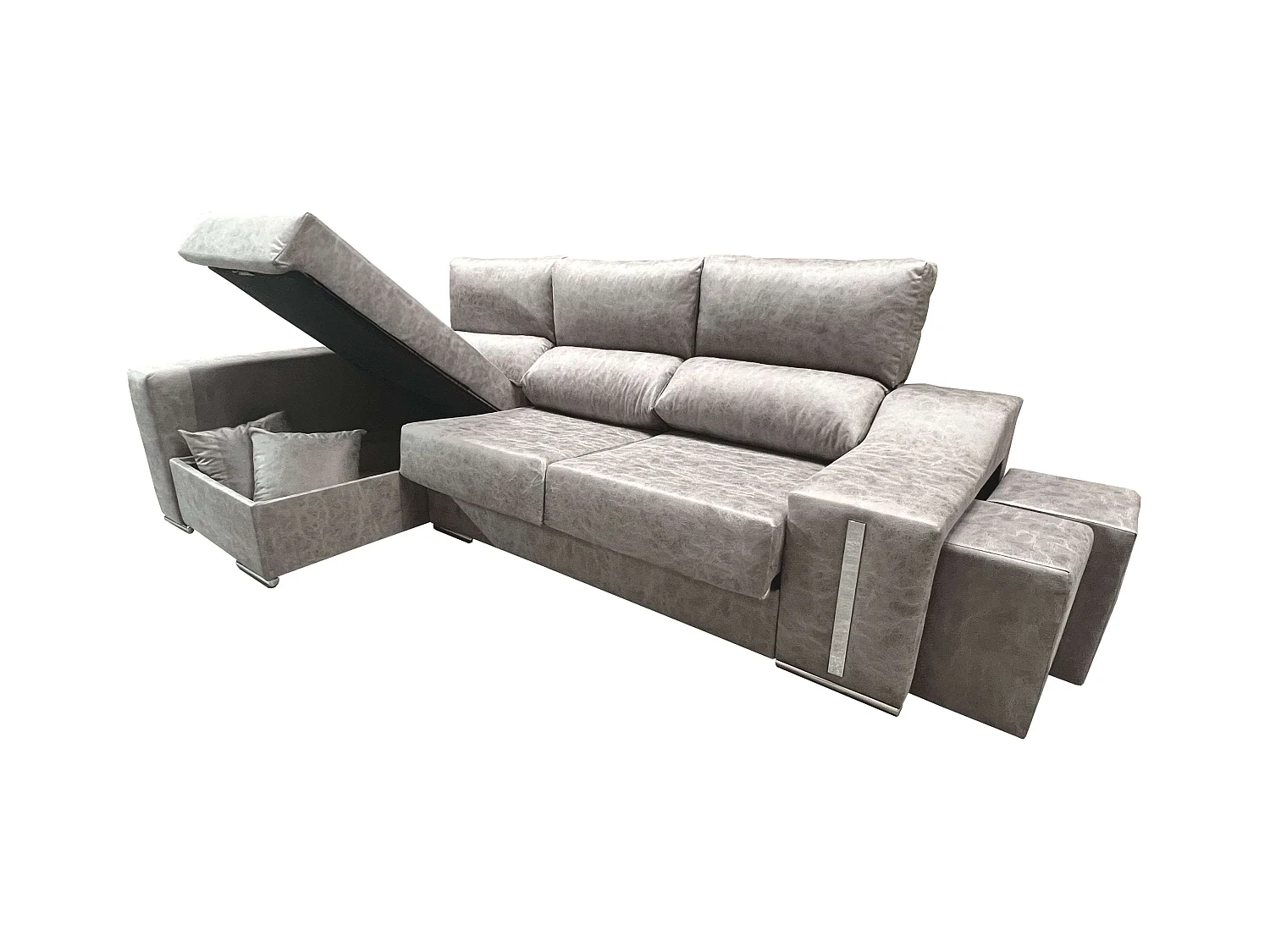 Sofá Oscar chaise longue izq. gris 263x100x85 cm con puffs y arcón