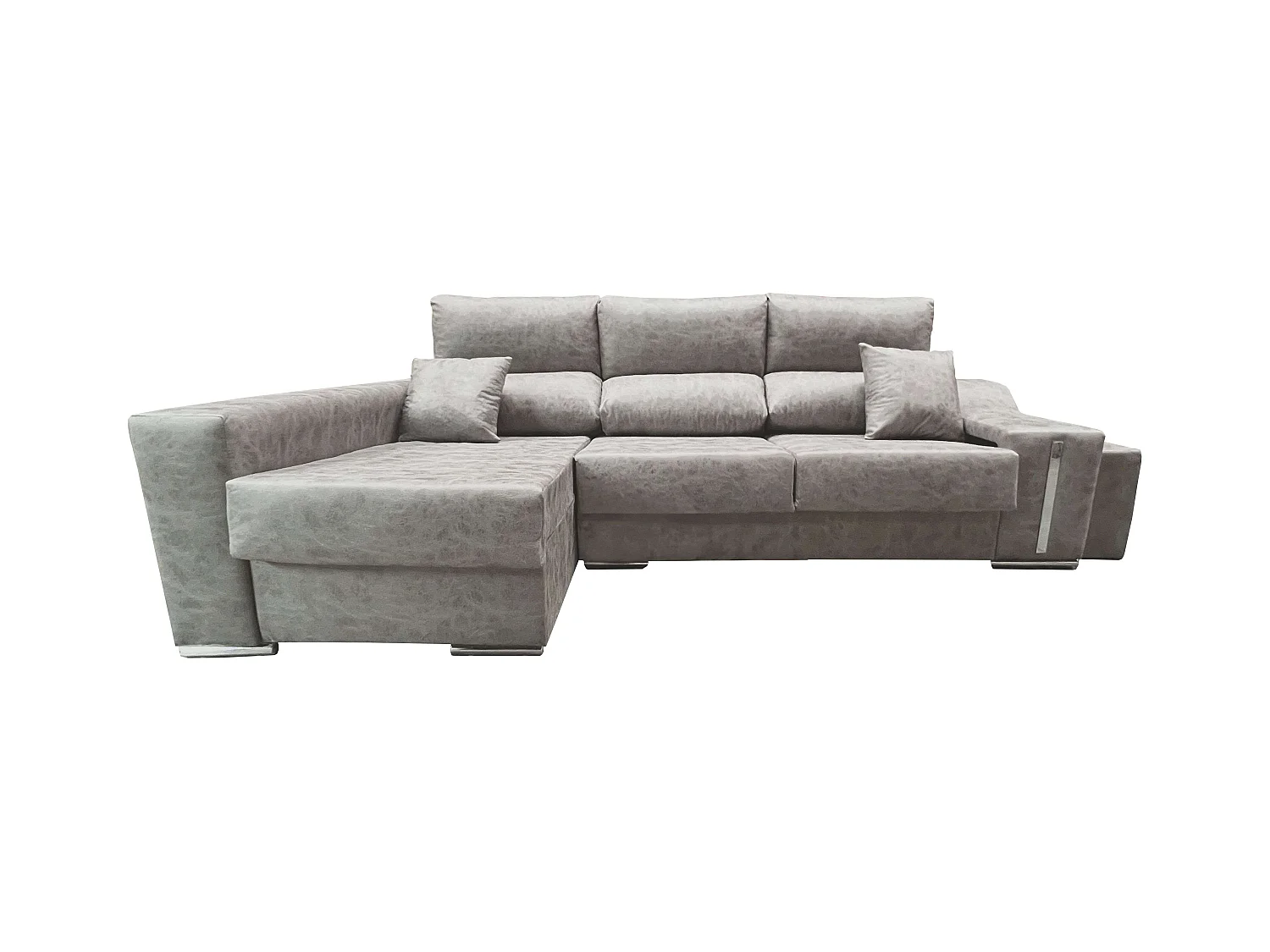 Sofá Oscar chaise longue izq. gris 263x100x85 cm con puffs y arcón