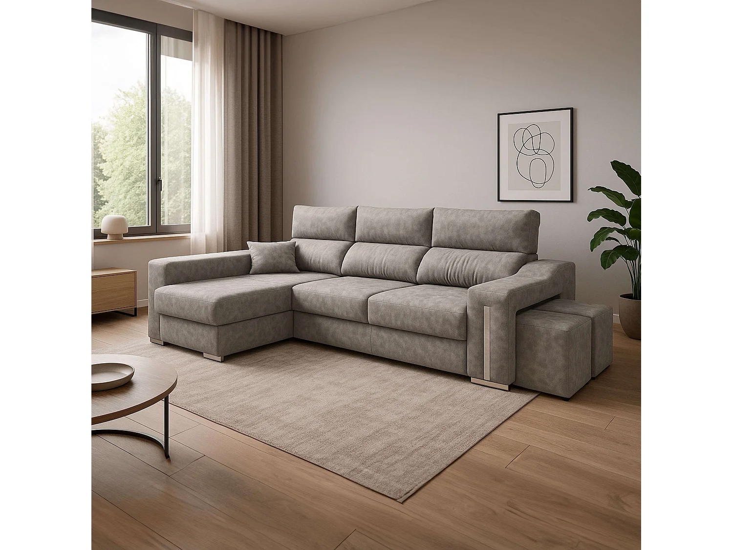 Sofá Oscar chaise longue izq. gris 263x100x85 cm con puffs y arcón