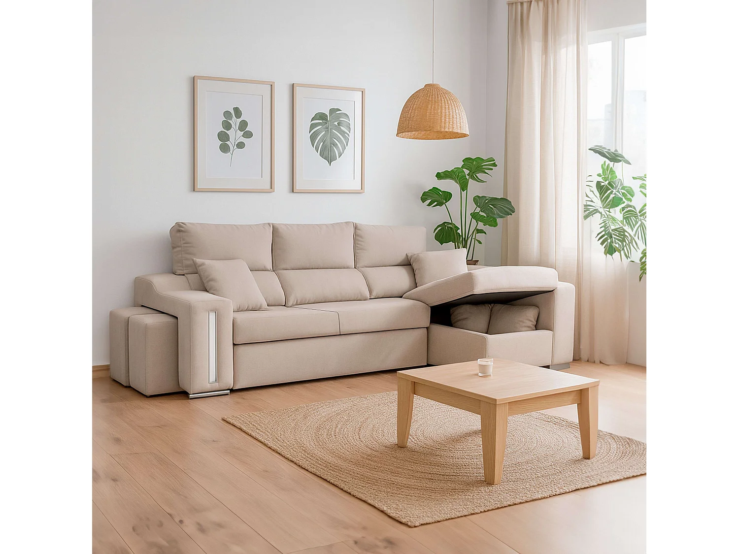 Sofá chaise longue Oscar dcha beige con 2 puffs y arcón 263x100x85 cm