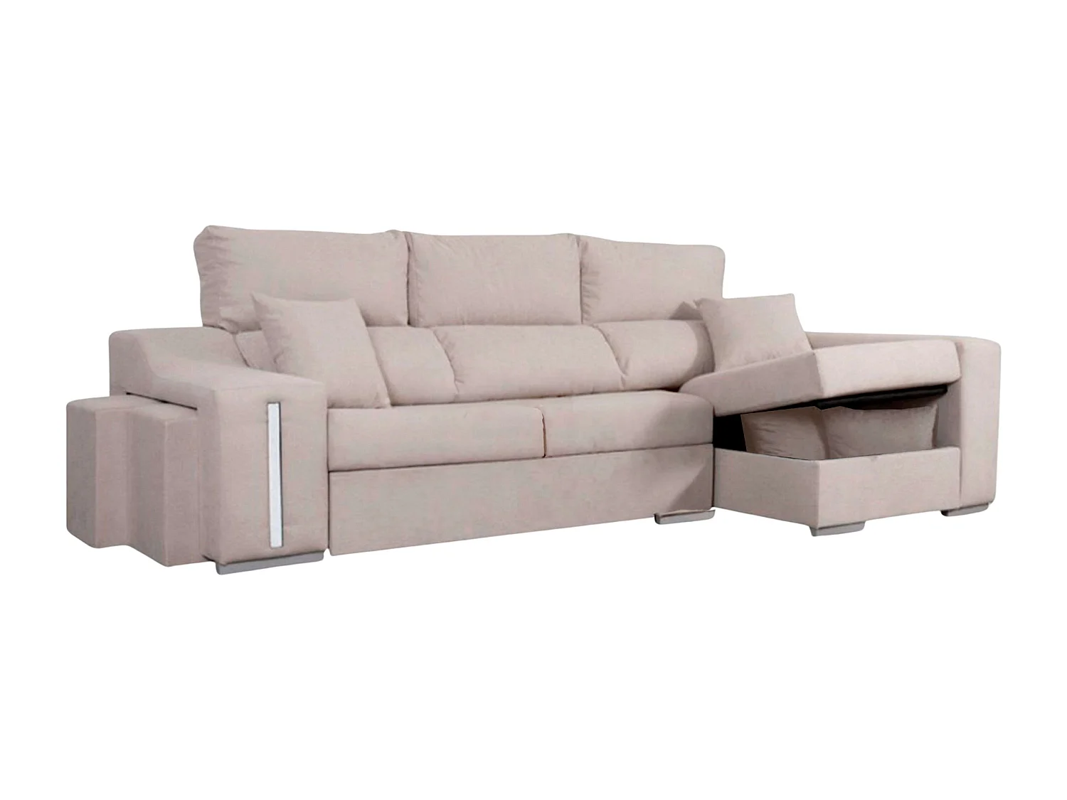 Sofá chaise longue Oscar dcha beige con 2 puffs y arcón 263x100x85 cm