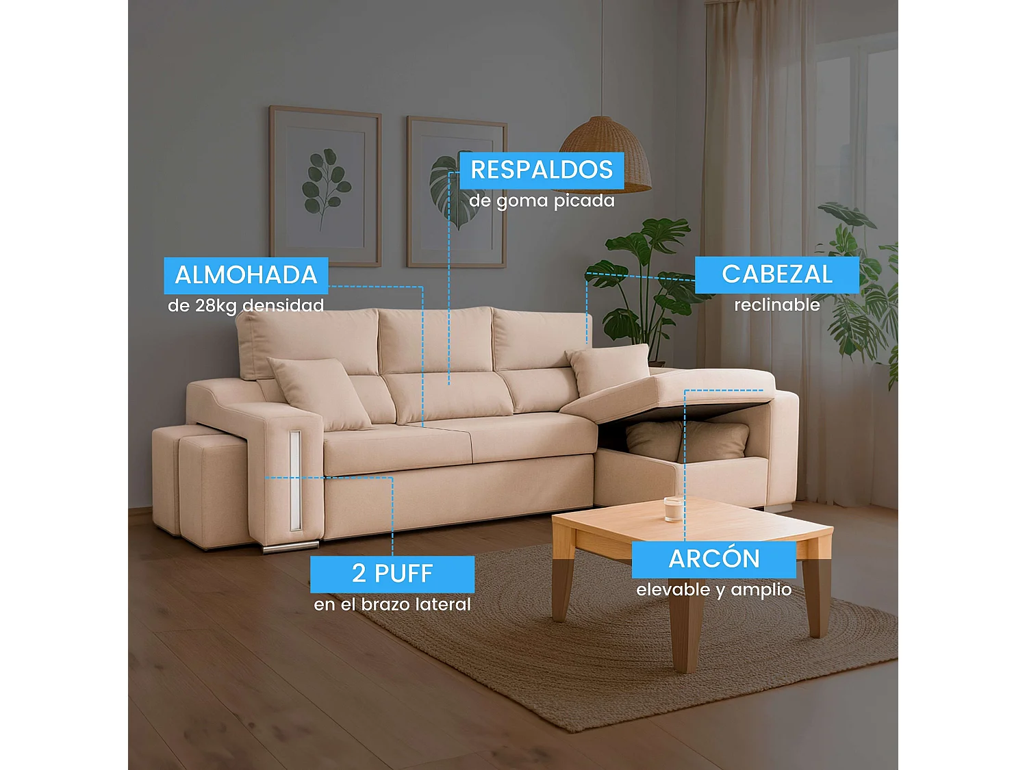 Sofá chaise longue Oscar dcha beige con 2 puffs y arcón 263x100x85 cm