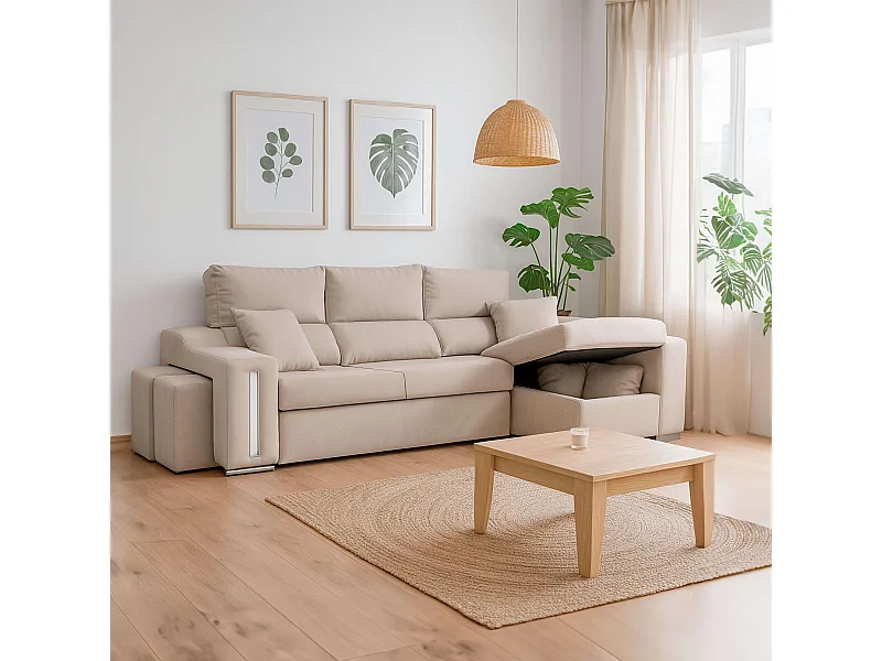 Sofá chaise longue Oscar dcha beige con 2 puffs y arcón 263x100x85 cm