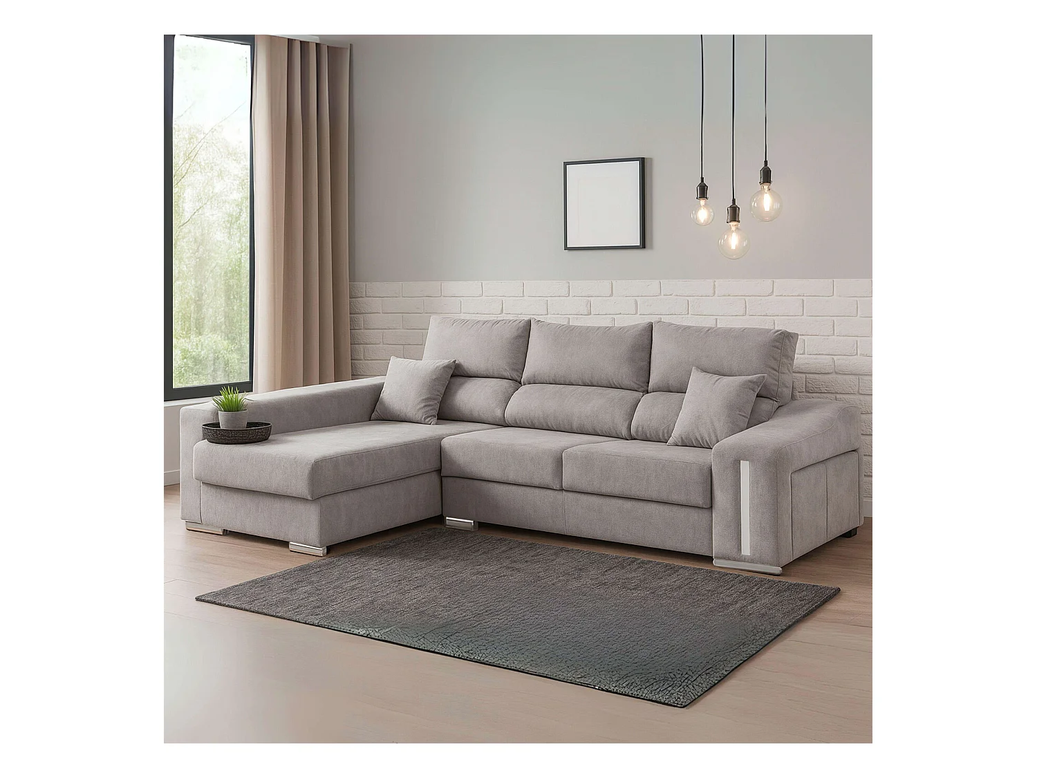 Sofá Oscar chaise longue izq. con 2 puffs gris, 263x100x85 cm
