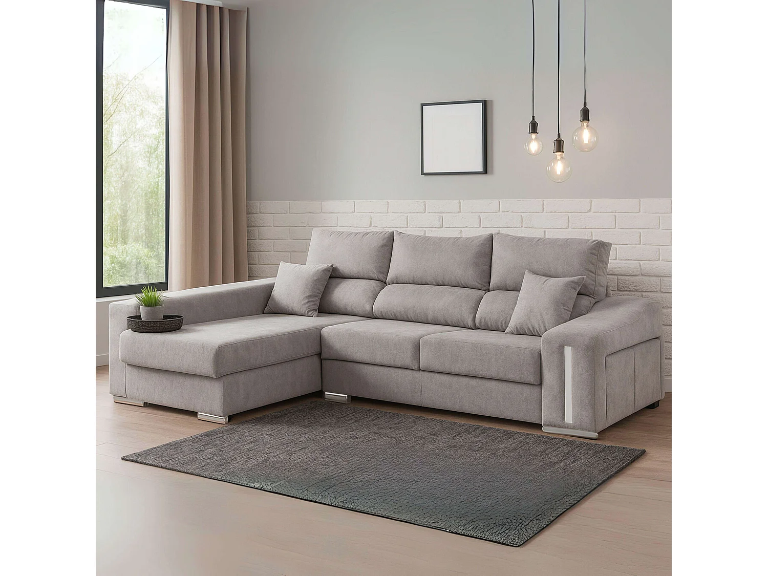 Sofá Oscar chaise longue izq. con 2 puffs gris, 263x100x85 cm