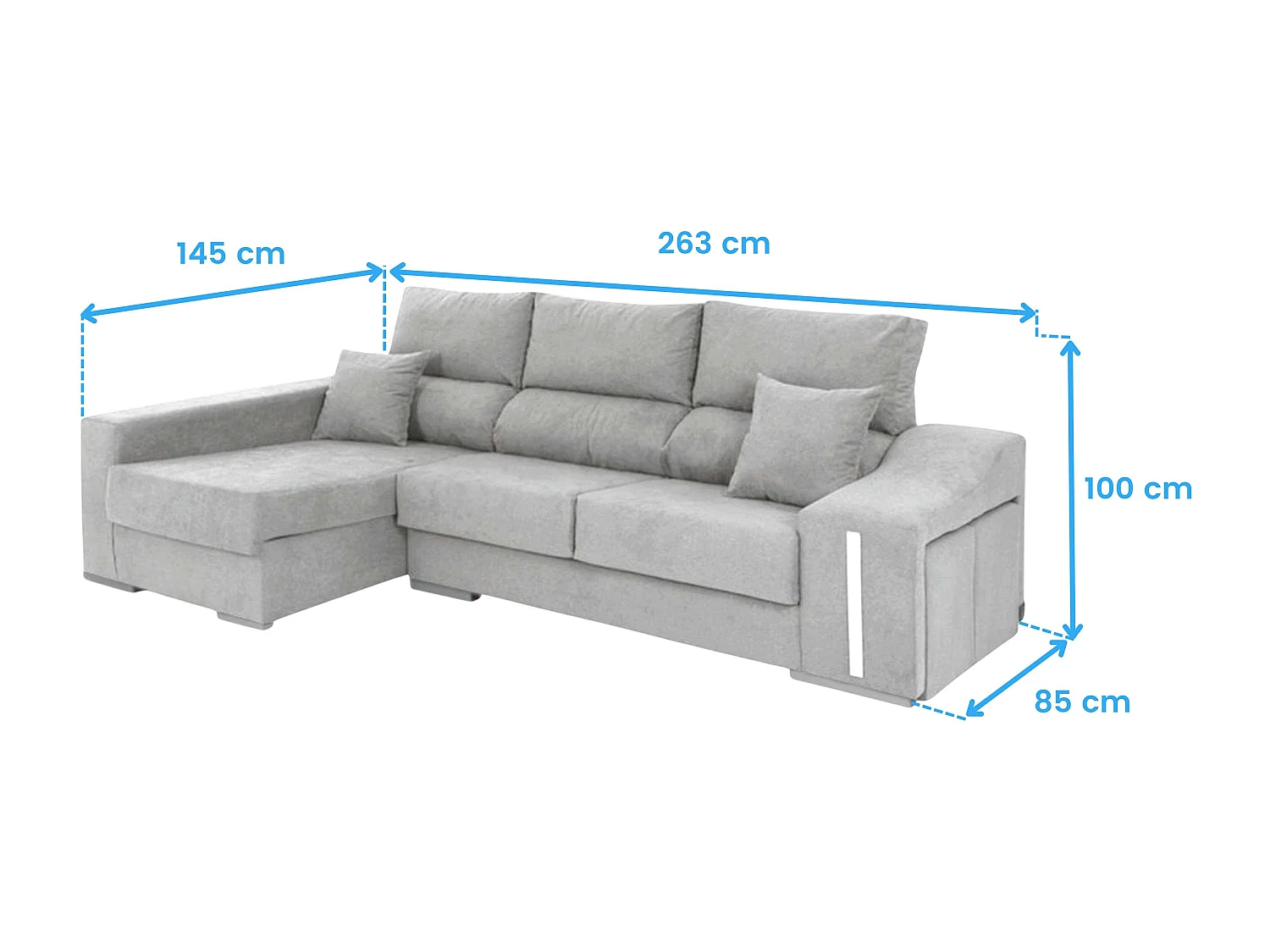 Sofá Oscar chaise longue izq. con 2 puffs gris, 263x100x85 cm