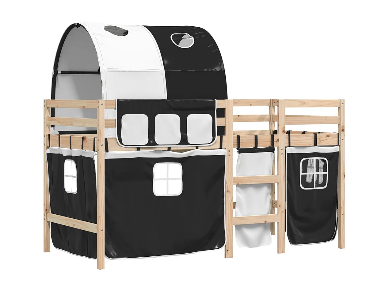 Einzelbett | Bettgestell | Kinderhochbett mit Tunnel Weiß & Schwarz 90x200 cm Kiefernholz SHL803740