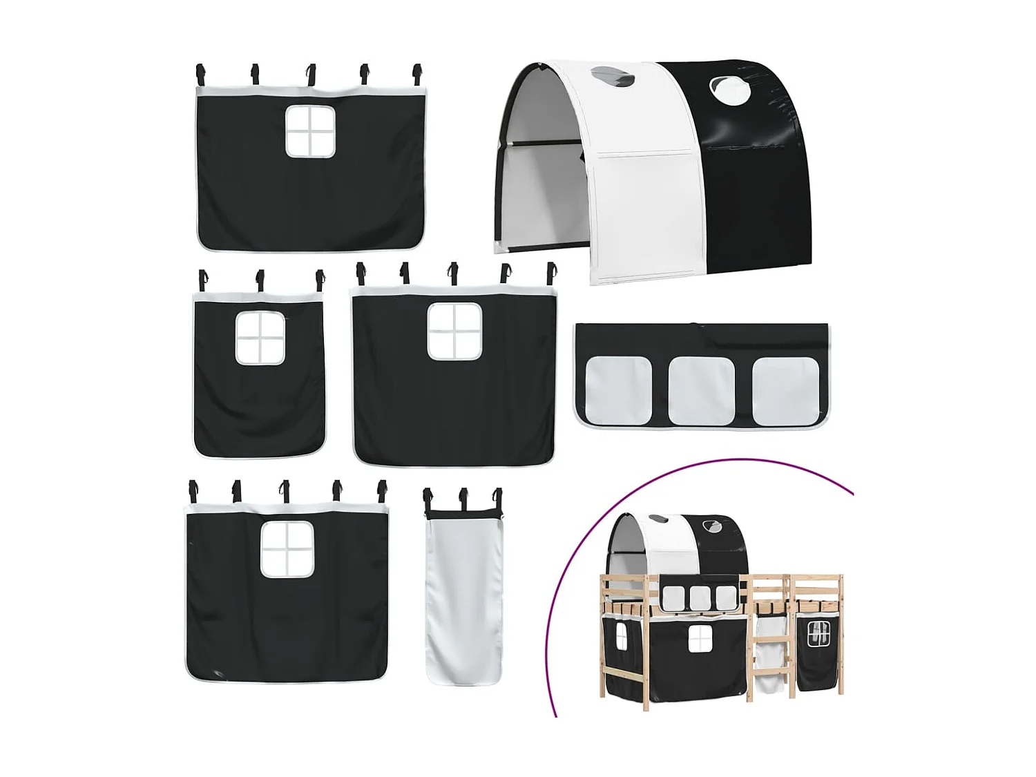 Einzelbett | Bettgestell | Kinderhochbett mit Tunnel Weiß & Schwarz 90x200 cm Kiefernholz SHL803740