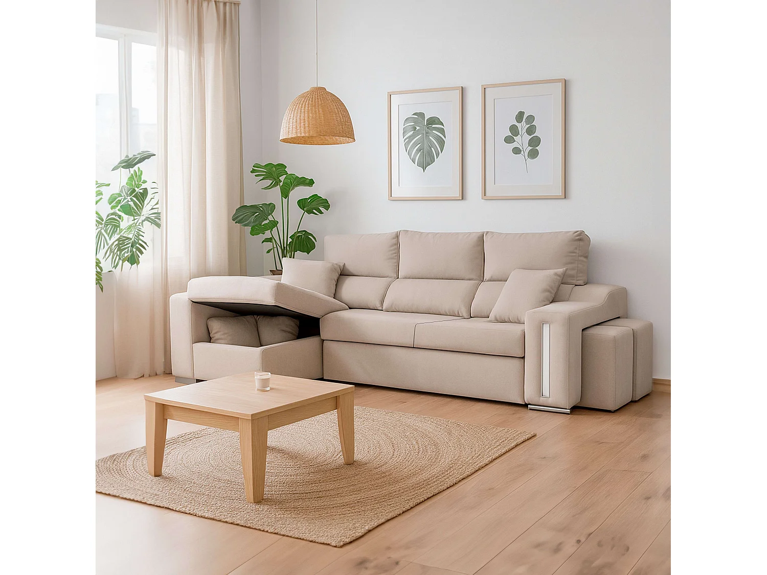 Sofá Oscar chaise longue izq. tapizado beige con 2 puffs 263x100x85 cm