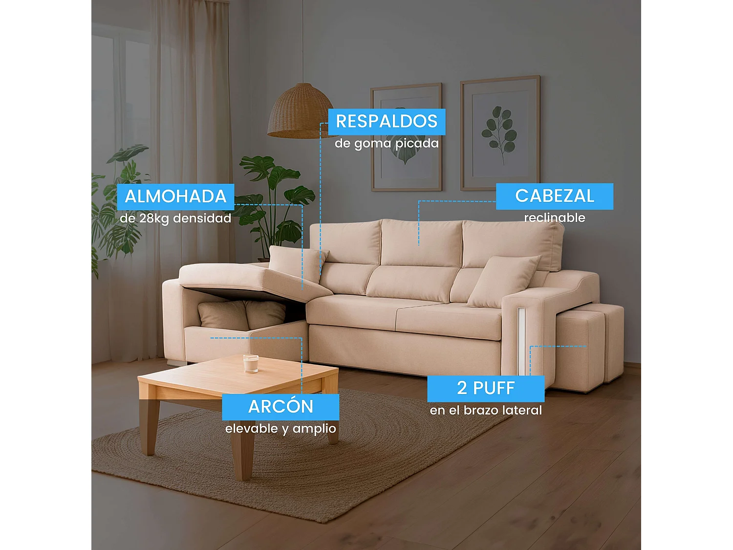 Sofá Oscar chaise longue izq. tapizado beige con 2 puffs 263x100x85 cm