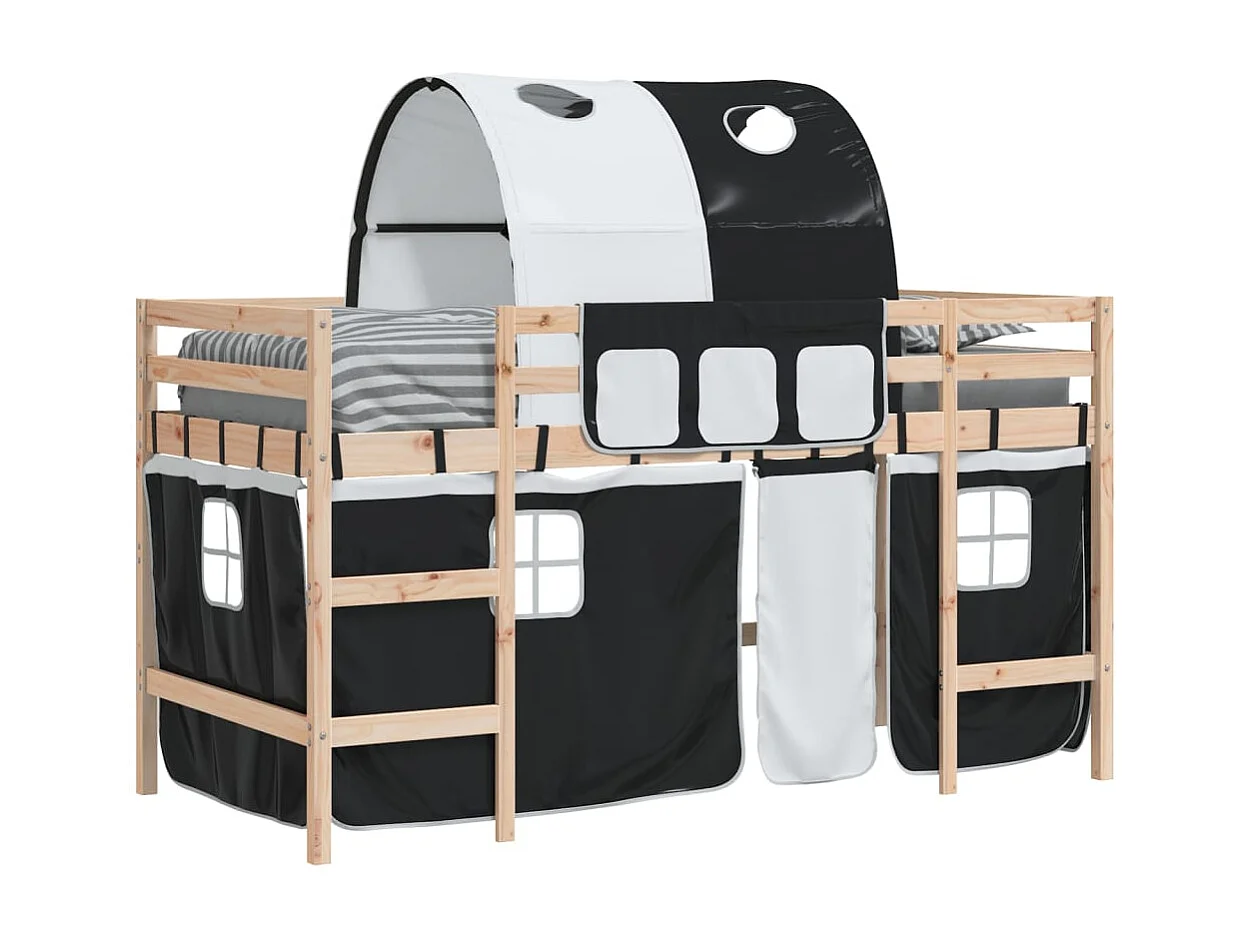 Cama individual | Cama alta niños con túnel madera pino blanco negro 90x200 cm SHL82447