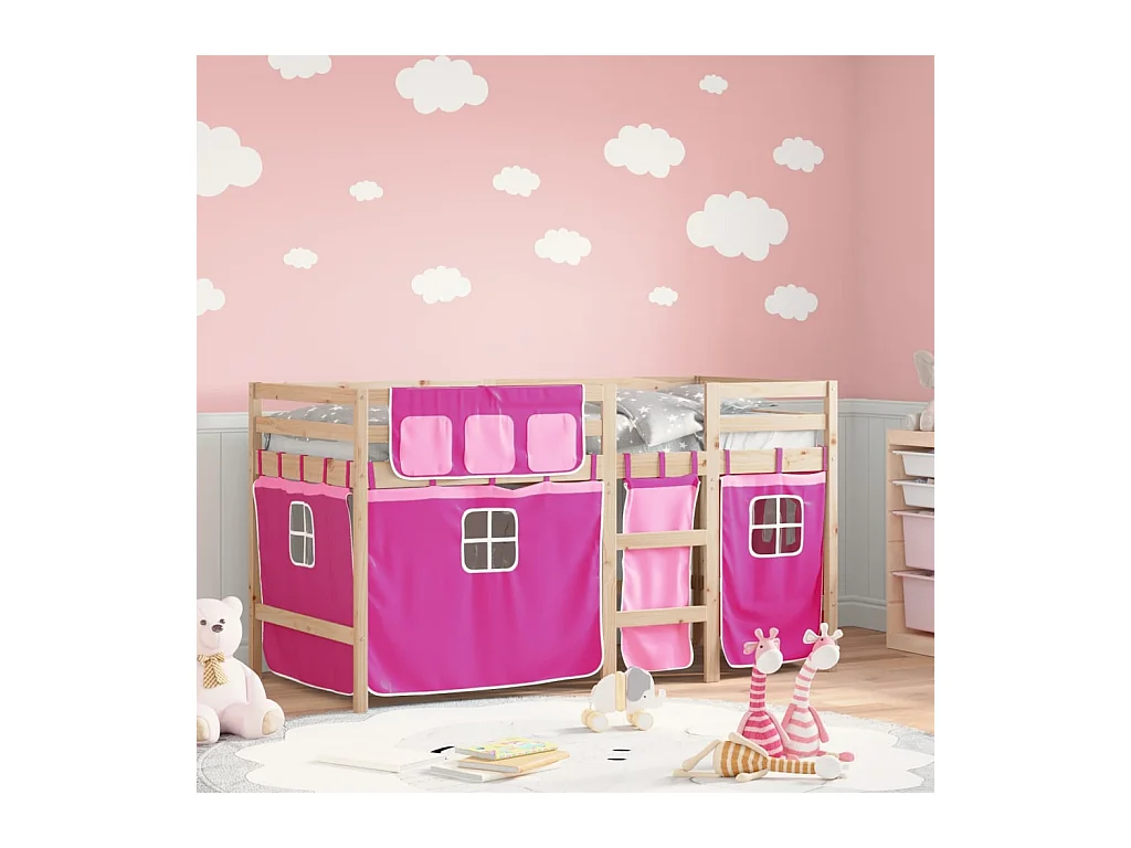 Lit simple-Lit mezzanine enfant avec rideaux sans matelas rose 80x200cm